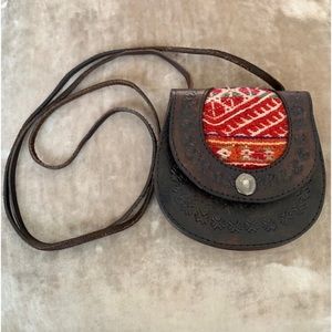 Vintage Genuine Brown Leather Hand Tooled Boho Cross Shoulder Purse